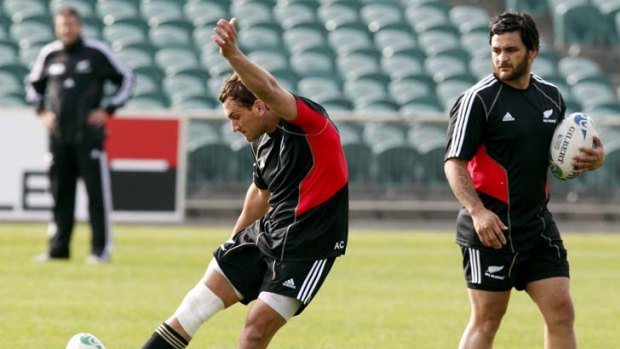 Unlikely lads ... Aaron Cruden, left, and experienced halfback Piri Weepu find themselves at the heart of the New Zealand side after injuries robbed the All Blacks of Dan Carter and Colin Slade.