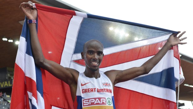 Britain's Mo Farah as he celebrates winning the gold medal in the men's 5000m final during the European Athletics Championships in Zurich, Switzerland in 2014.