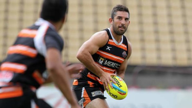 Veteran five-eighth Braith Anasta controls proceedings during Wests Tigers training at Concord Oval.
