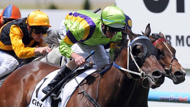 Too good: David Moodie's mare Kulgrinda, ridden by Luke Nolen, surges to victory at Mooney Valley on Saturday.