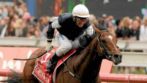 Brett Prebble on Green Moon powers away to win the 2012 Melbourne Cup.