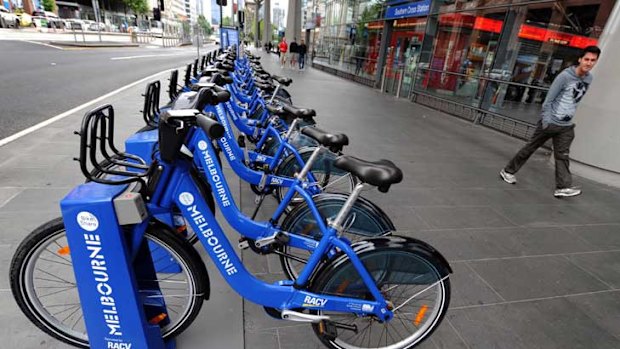 A Melbourne Bike Share station outside Southern Cross station.