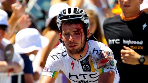Mark Cavendish crosses the finish line after crashing during the final sprint during yesterday's stage two of the 2011 Tour Down Under.