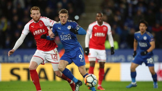 Vardy derby: Jamie Vardy, who joined Leicester from Fleetwood, battles for possession against Cian Bolger