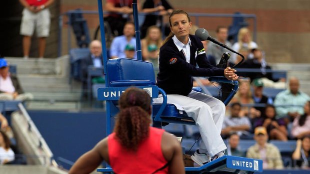 Bad call ... Serena Williams of the United States questions the call of chair umpire Eva Asderakia.