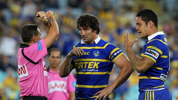 On report . . . referee Gerard Sutton signals to try Jarryd Hayne after the fullback had headbutted Canterbury's Corey Payne.