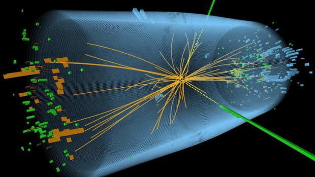 A representation of traces of a proton-proton collision measured in the search for the Higgs boson.