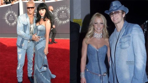 Katy Perry and Riff Raff mirror the denim ensembles worn by Britney Spears and Justin Timberlake many years ago.