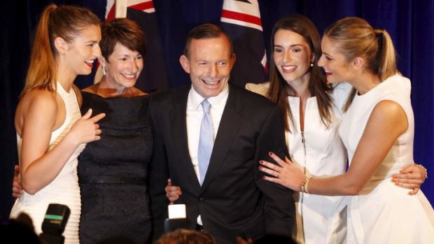 Tony Abbott with wife Margie and their daughters (from left) Frances, Louise , and Bridget on election night.