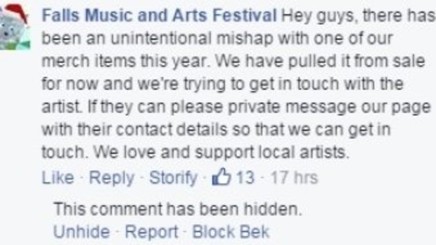 Melbourne designer Elena King has accused the Falls Music and Arts Festival of ripping off her design,The Moody