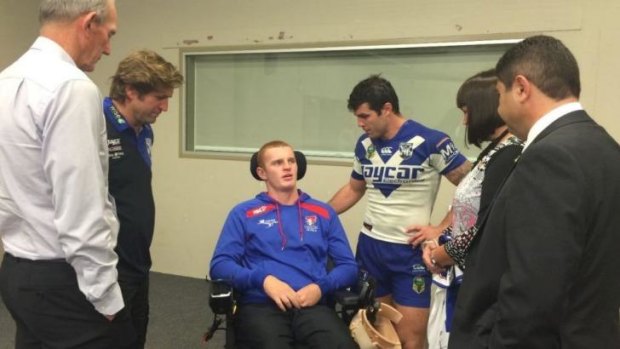 Alex McKinnon attended the Newcastle v Canterbury match last Saturday night, the first time he's been to an NRL match since suffering a spinal injury in round three.