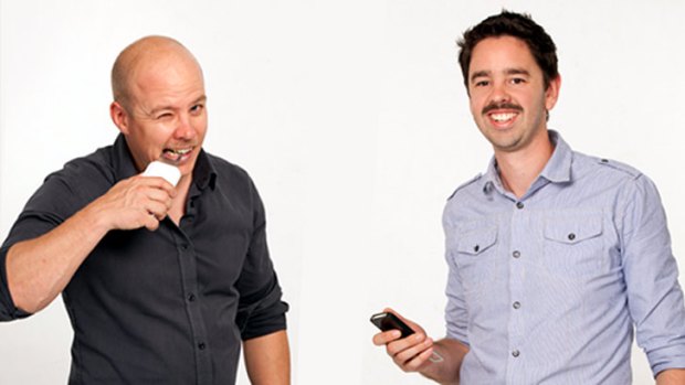 An idea with bite ... Aussie entrepreneurs Chris Peters (left) and Rob Ward invented an iPhone cover that doubles as a bottle opener.