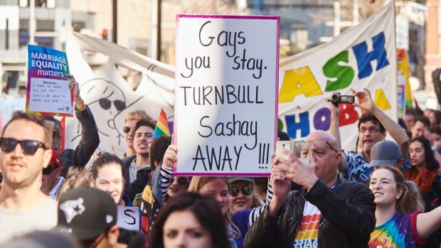 Supporters of marriage equality rally outside Sydney Town Hall.