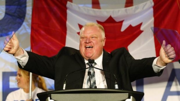 Toronto Mayor Rob Ford on the podium during his campaign launch party in April.
