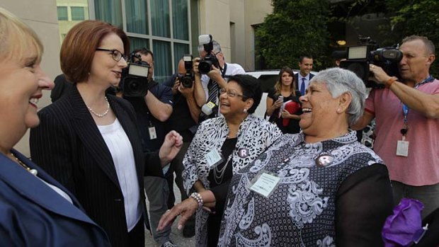Prime Minister Julia Gillard meets indigenous leaders Shirley Peisley and Lowitja O'Donoghue at Parliament House on Wednesday.
