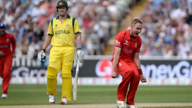 Early blow: England paceman Stuart Broad celebrates the wicket of David Warner.