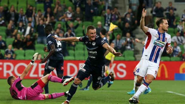 Besart Berisha of the Melbourne Victory scores a goal , but was later called for off side.