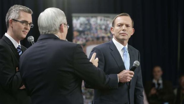 Prime Minister Kevin Rudd and Opposition Leader Tony Abbott at second leaders debate at the Broncos Leagues Club in Brisbane.