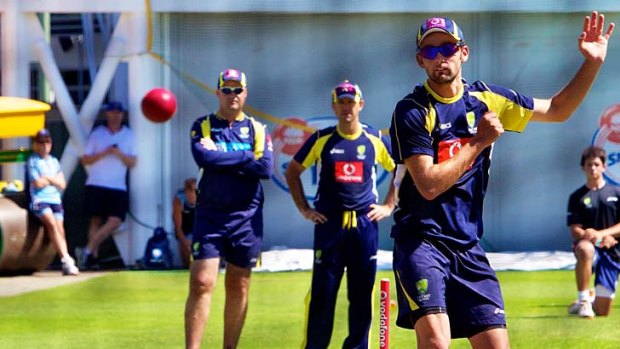 Nathan Lyon trains with the team.
