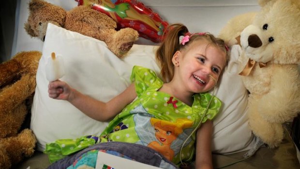 Montana Drew, 4, is  in the Royal Children's Hospital after having a five-cent coin removed from her oesophagus in a difficult operation three weeks ago.