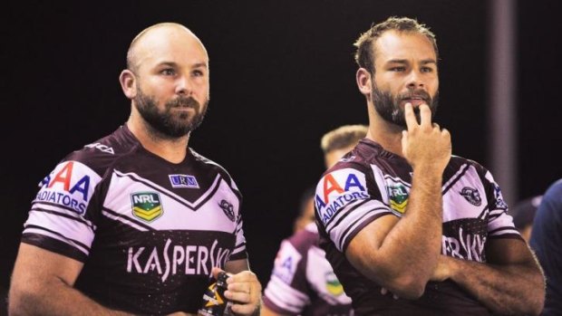 No 'sook': Sea Eagles lock Glenn Stewart, left, rubbished claims he would not play against his brother Brett, right.