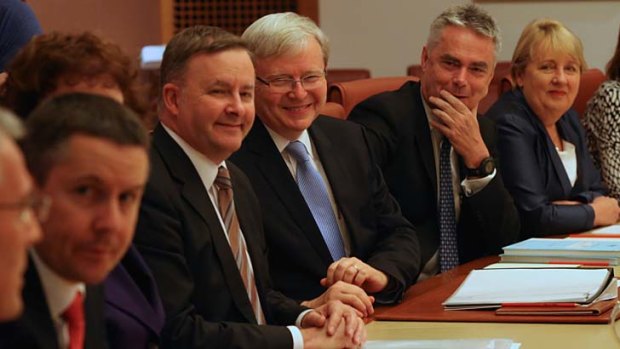 Prime Minister Kevin Rudd with his new ministry. Photo: Andrew Meares