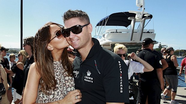 Bon voyage: Michael Clarke farewells wife Kyly Clarke ahead of last year's Sydney to Hobart. Rumours soon began circulating concerning Clarke's performance aboard Perpetual Loyal.