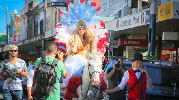 Burlesque diva Sina King takes a ride in Chapel Street.