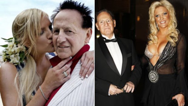 "I hate all the attention"...Brynne Gordon and Geoffrey Edelston at Bondi Beach...(right) Edelsten and Gordon at the Brownlow medal.