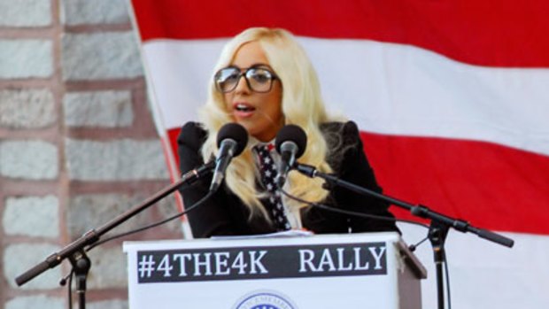 Lady Gaga speaks at a rally in support of repealing 'Don't Ask, Don't Tell' earlier this year.