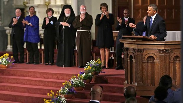 "In the face of evil, Americans will lift up what's good": President Barack Obama gets cheered-on and applauded at an inter-faith service for the victims of the Boston blasts.