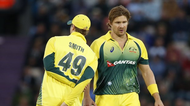 Steve Smith has words of advice for Shane Watson during the one day match against England in Southampton last week.