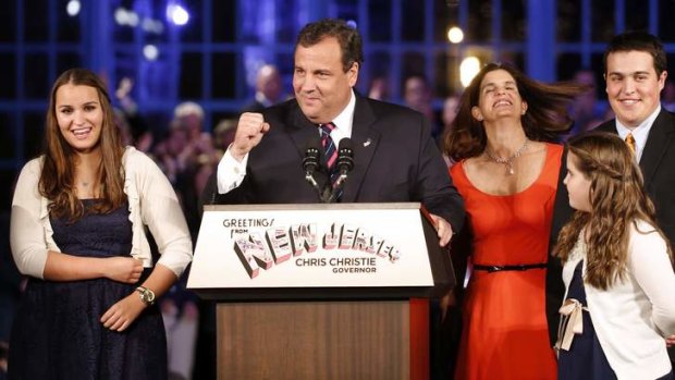 Republican New Jersey governor Chris Christie celebrates victory in Asbury Park, New Jersey.