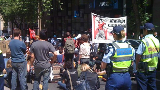 The protest outside the ANZ Bank in William Street.