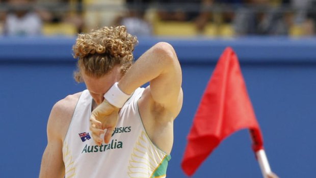 Disappointed ... Steve Hooker reacts as he no-heights at the world championship in Daegu last year.