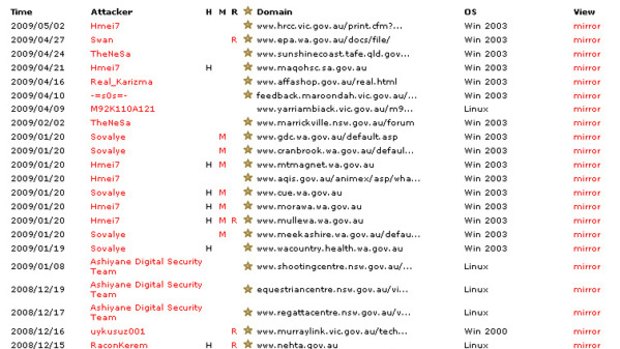 A screenshot from the Zone-H website database showing recent attacks on .gov.au websites.