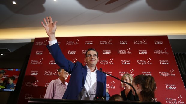 Daniel Andrews greets party faithful after the state election was called for Labor. 