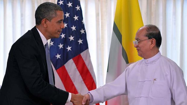 Ongoing political reforms ... US President Barack Obama with Burma's President Thein Sein, following a meeting at the regional parliament in Rangoon on Monday.