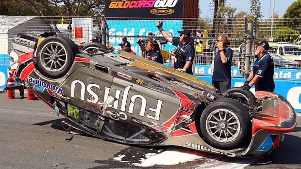 On the flipside: American driver Ricky Taylor's Commodore landed the wrong way up on the Gold Coast.