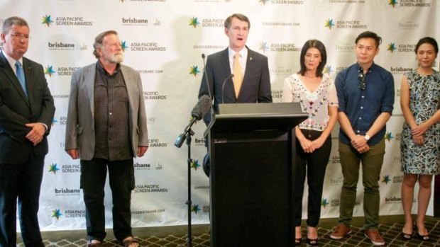 Lord Mayor Graham Quirk (centre), with, l-r, Pacific Screen Awards Executive Chairman Michael Hawkins, Australian actor and Asia Pacific Screen Awards Academy President Jack Thompson , actress Hiam Abbass, Anthony Chen and Vivian Qu 