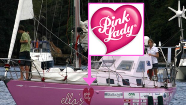 The Pink Lady Apples logo (inset), and the logo for Ella's Pink Lady used on Jessica Watson's boat.