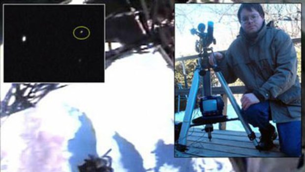 NASA footage of the incident and, insets, the tool bag circled in a grab from the video and Kevin Fetter with his satellite-watching rig.