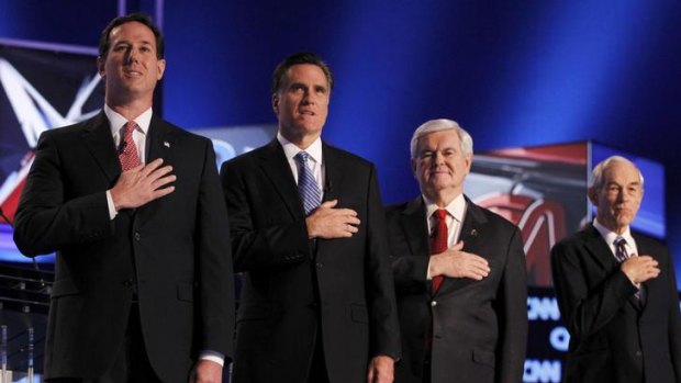 Republican candidates Rick Santorum, Rick Perry, Newt Gingrich and Ron Paul.