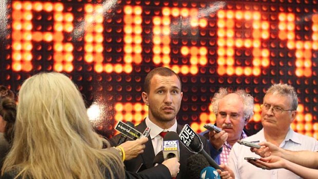 Quade Cooper gives a statement to the media after the disciplinary hearing.