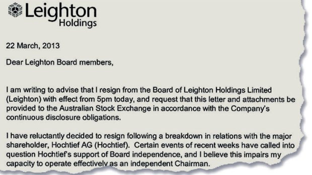 Part of the resignation letter from Leighton chairman Stephen Johns.