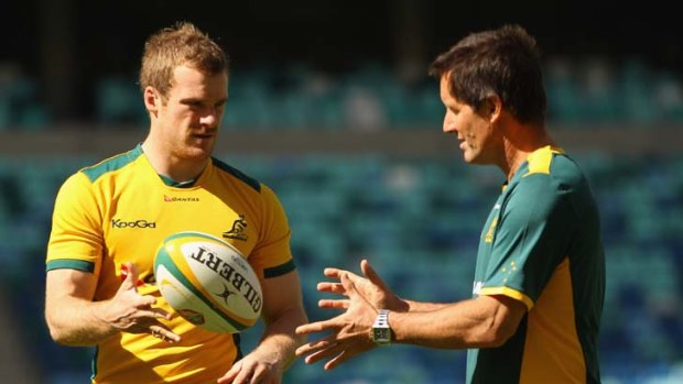 A work in progress ... Wallabies coach Robbie Deans speaks with Pat McCabe during training.