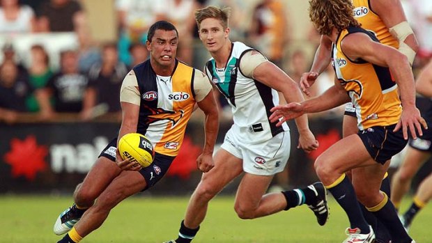 Daniel Kerr shows Port Adelaide's Hamish Hartlett a clean set of heels during the NAB Cup.