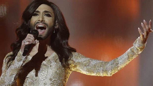 Last year's winner, Conchita Wurst of Austria, performs <i>Rise Like a Phoenix</i>.