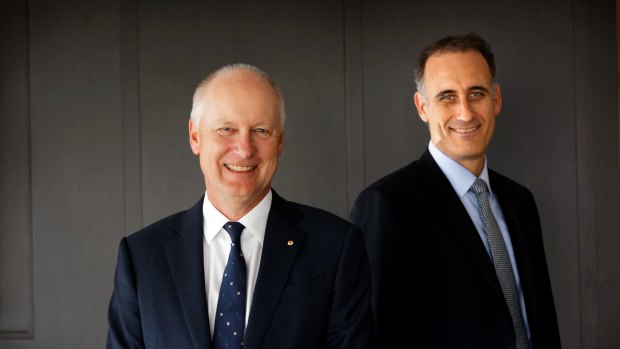 Outgoing CEO Richard Goyder (left) and his replacement Rob Scott at this week's result.
