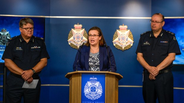 Victoria Police press conference responding to the Victorian Equal Opportunity Human Rights Commission report into sexual harrassment in Victoria Police. Chief Commissioner Graham Ashton and VEOHRC Commissioner Kate Jenkins and Assistant Comissioner Luke Cornelius (left)